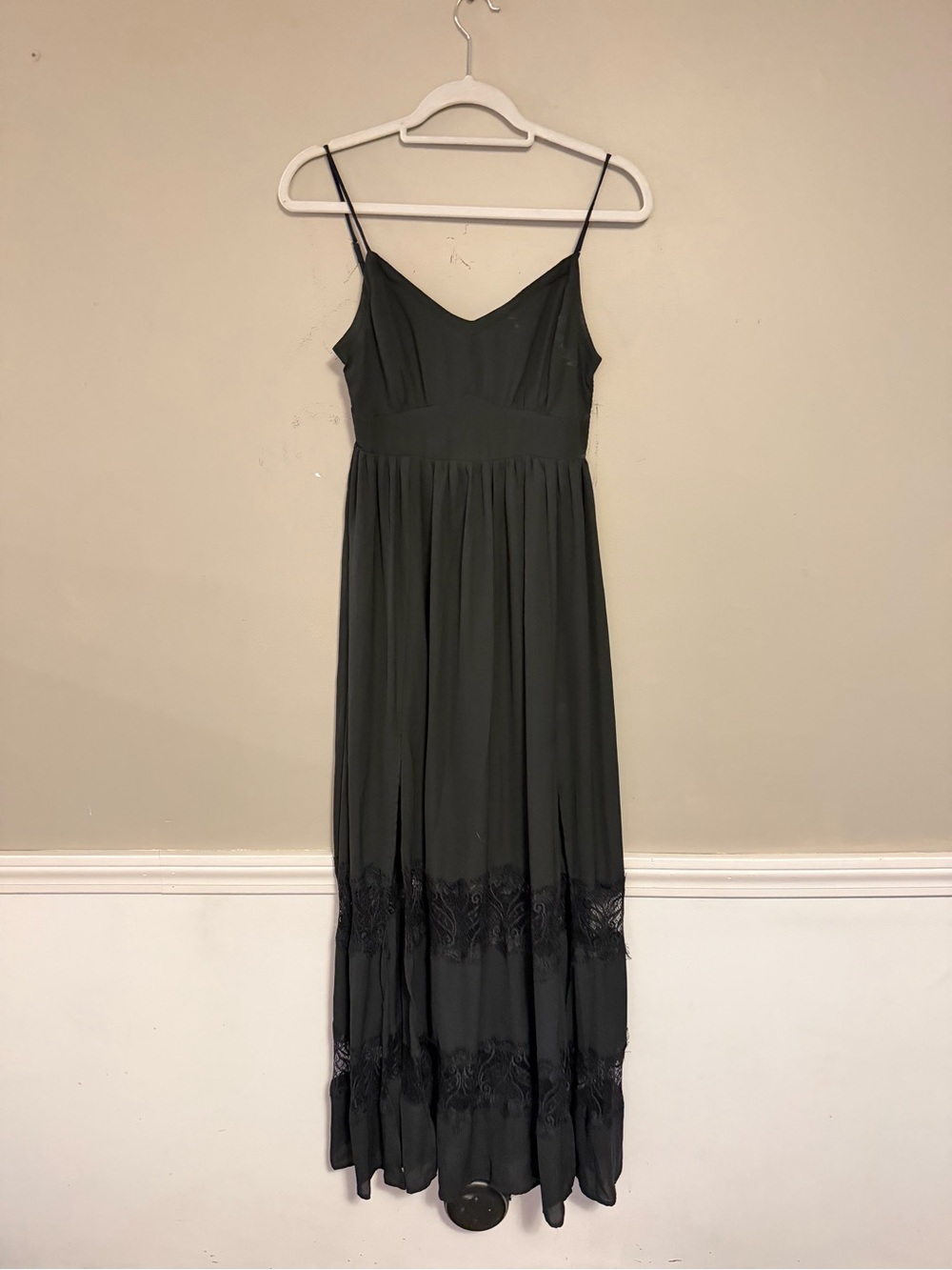 bebe Black Spaghetti-Strap Lace-Trim Maxi Dress